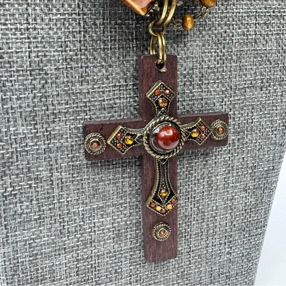 Vintage Rustic Boho Cross Statement Necklace Tiger Eye - Picture 3 of 15